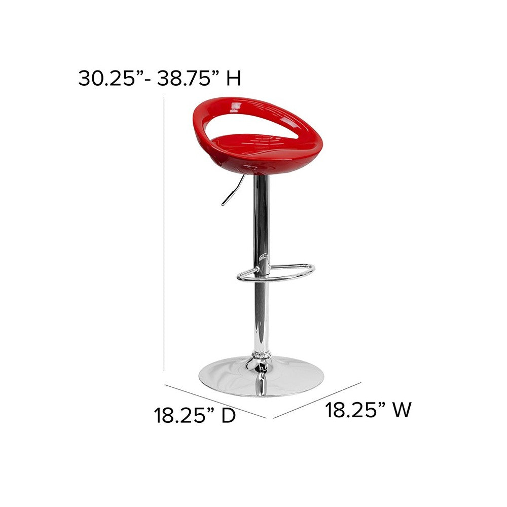 Contemporary Red Plastic Adjustable Height Barstool with Rounded Cutout Back and Chrome Base