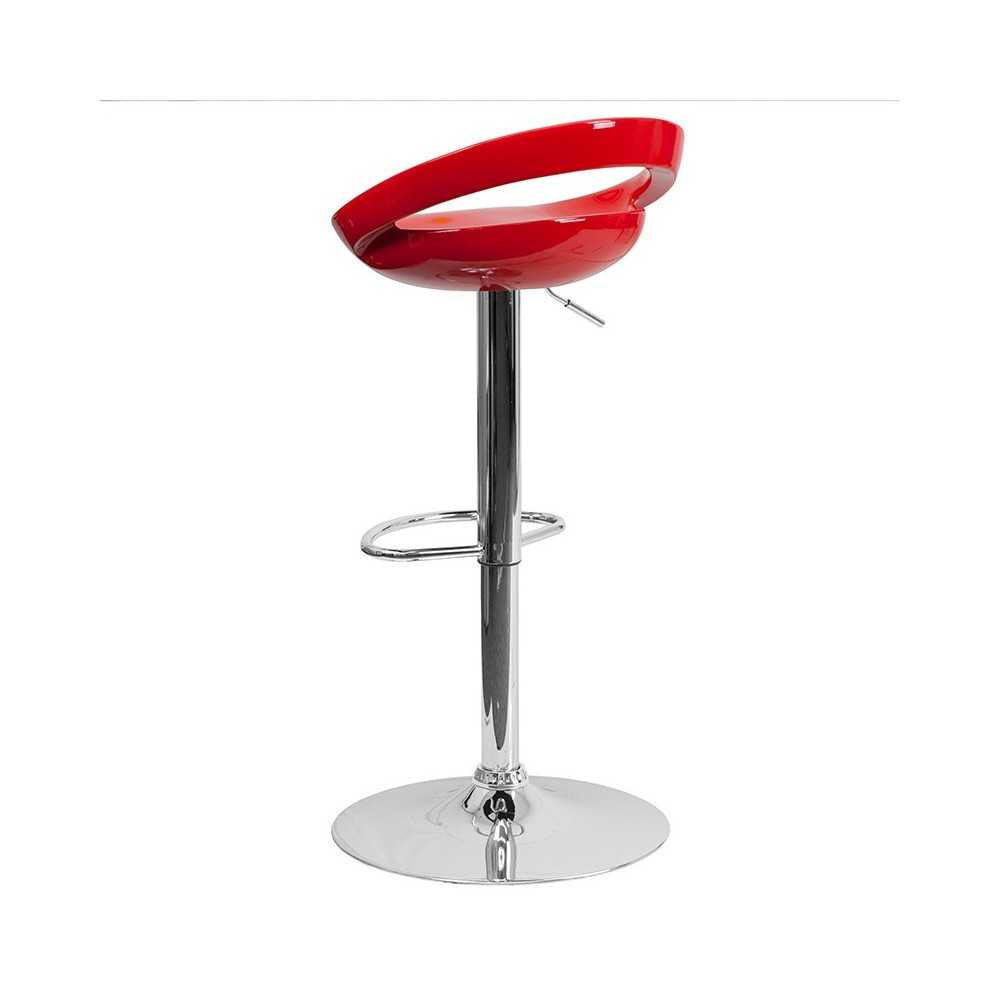 Contemporary Red Plastic Adjustable Height Barstool with Rounded Cutout Back and Chrome Base