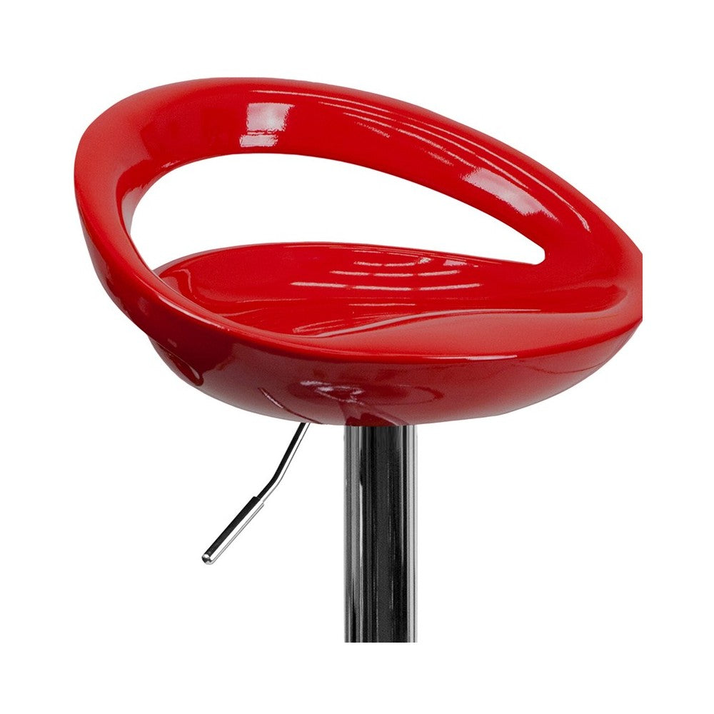 Contemporary Red Plastic Adjustable Height Barstool with Rounded Cutout Back and Chrome Base