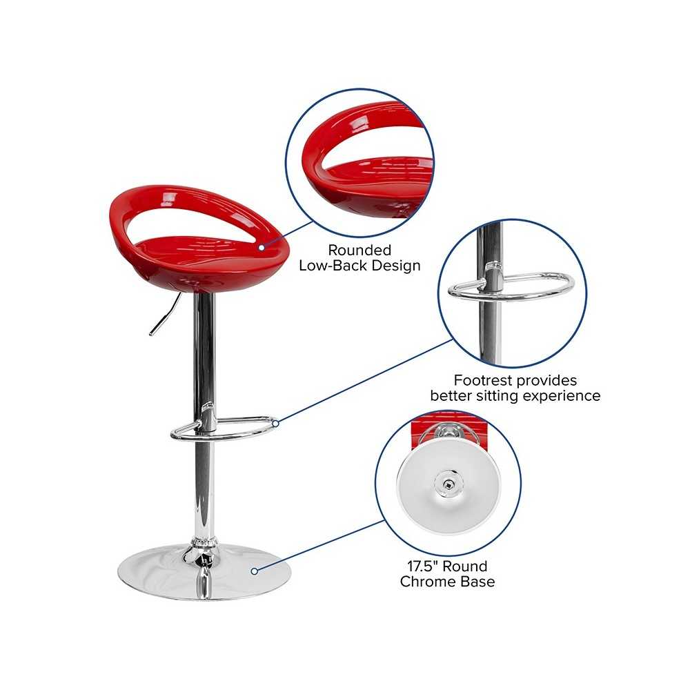 Contemporary Red Plastic Adjustable Height Barstool with Rounded Cutout Back and Chrome Base