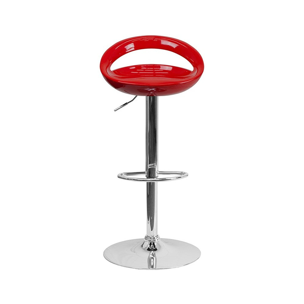 Contemporary Red Plastic Adjustable Height Barstool with Rounded Cutout Back and Chrome Base