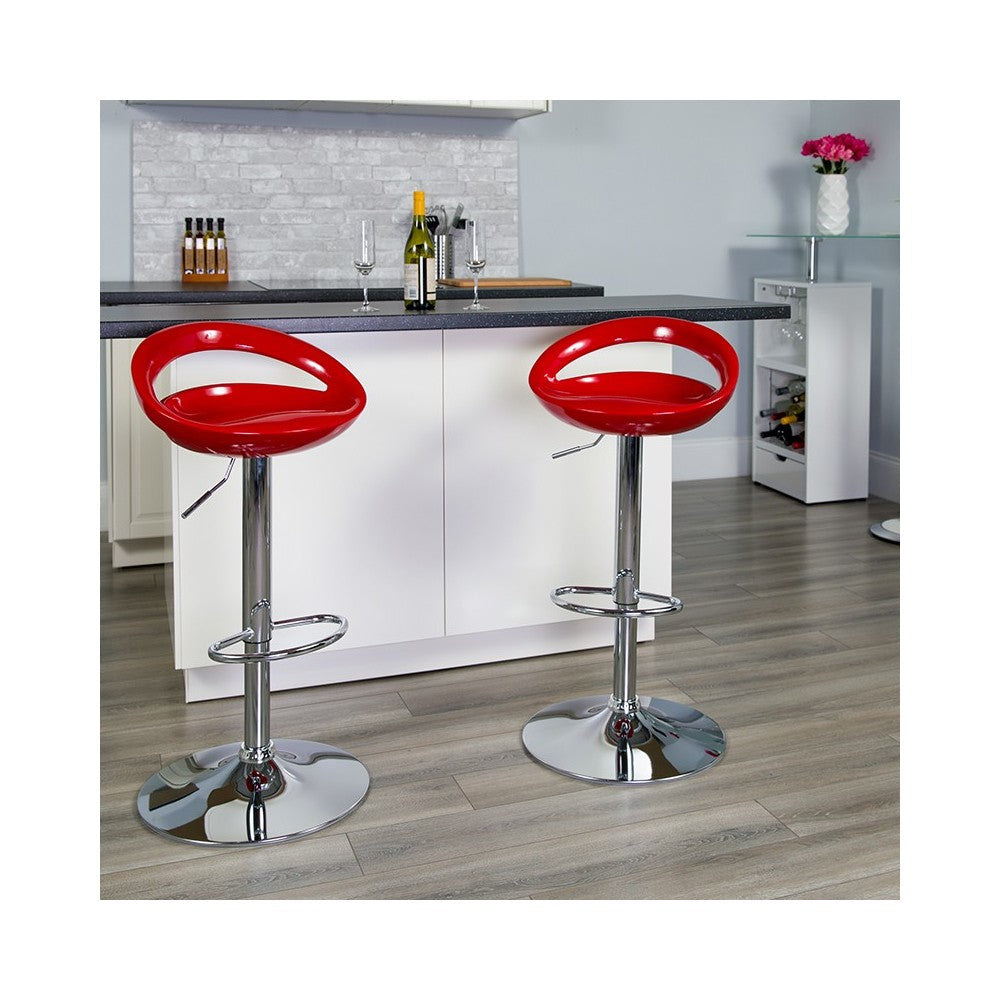 Contemporary Red Plastic Adjustable Height Barstool with Rounded Cutout Back and Chrome Base