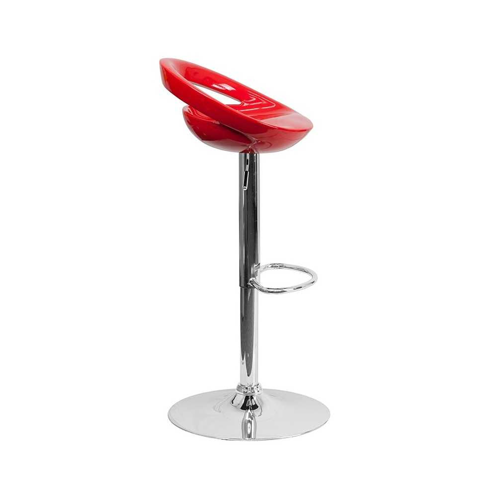 Contemporary Red Plastic Adjustable Height Barstool with Rounded Cutout Back and Chrome Base