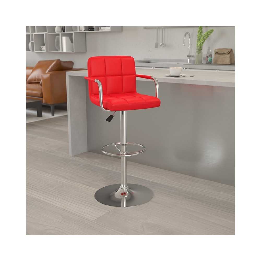 Contemporary Red Quilted Vinyl Adjustable Height Barstool with Arms and Chrome Base