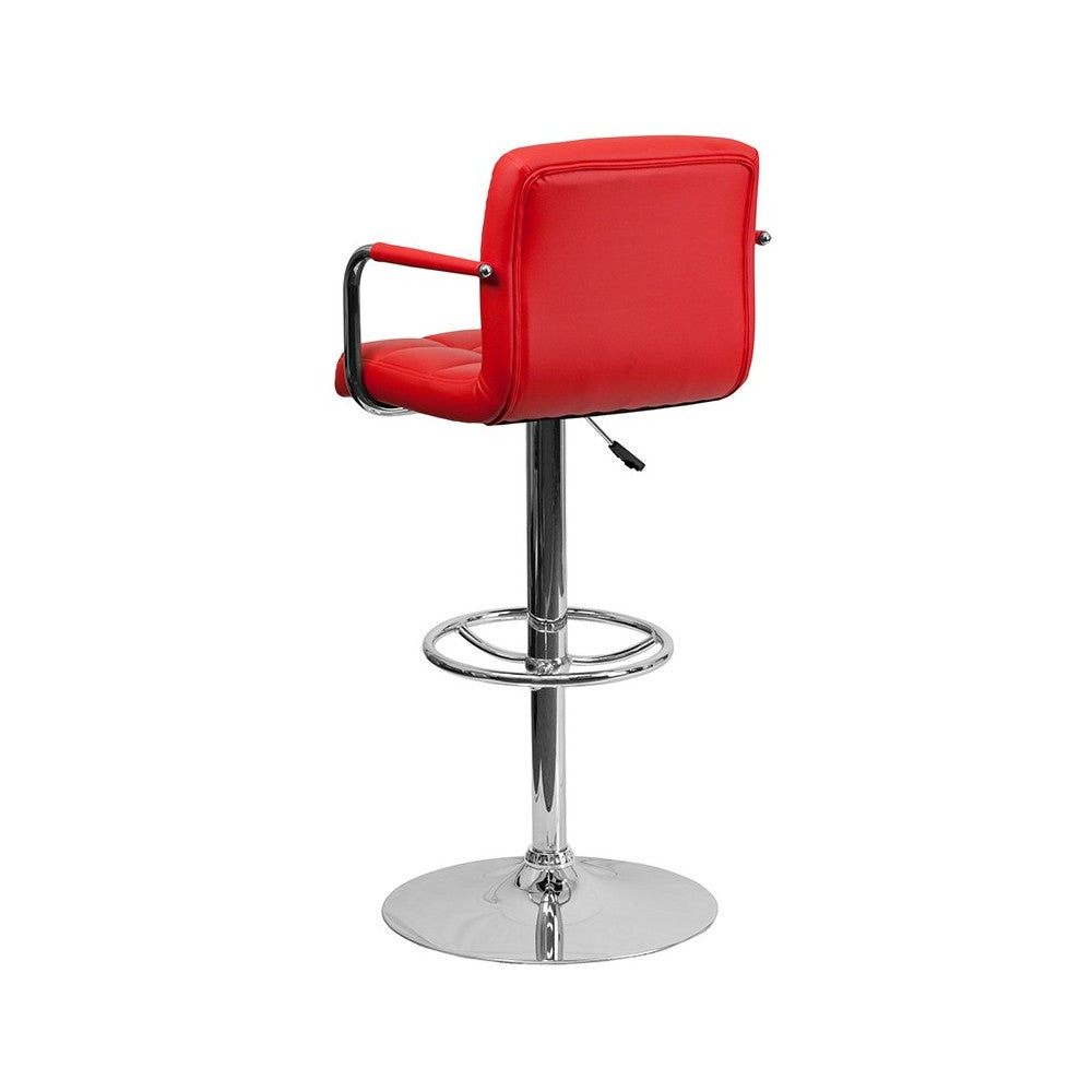 Contemporary Red Quilted Vinyl Adjustable Height Barstool with Arms and Chrome Base