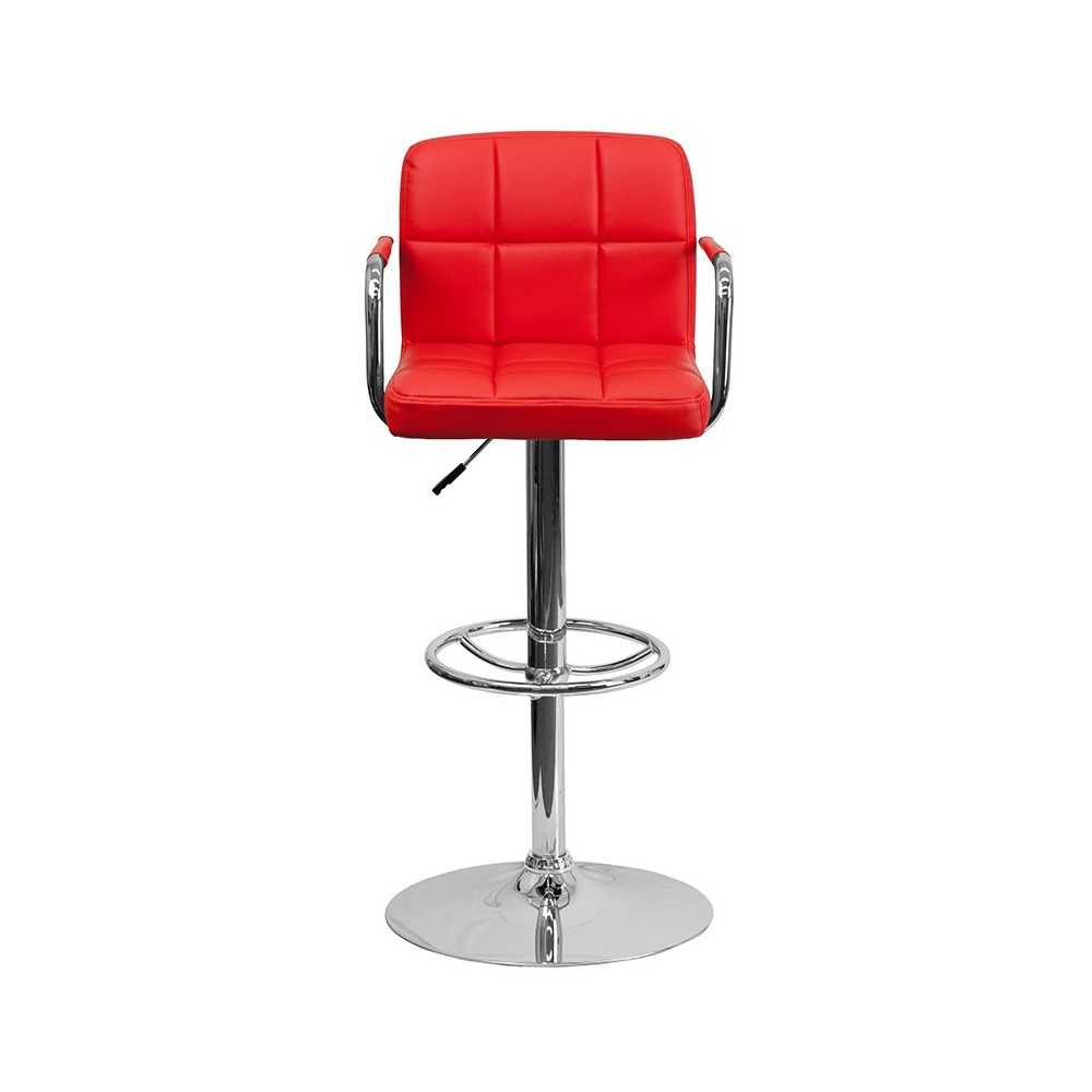 Contemporary Red Quilted Vinyl Adjustable Height Barstool with Arms and Chrome Base