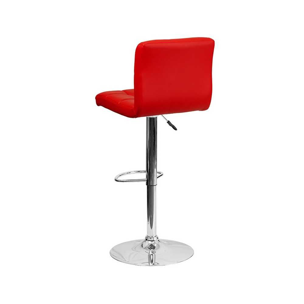 Contemporary Red Quilted Vinyl Adjustable Height Barstool with Chrome Base