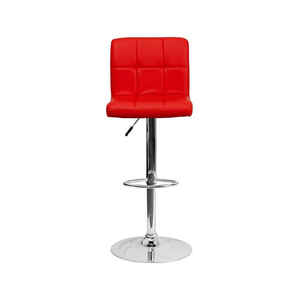 Contemporary Red Quilted Vinyl Adjustable Height Barstool with Chrome Base