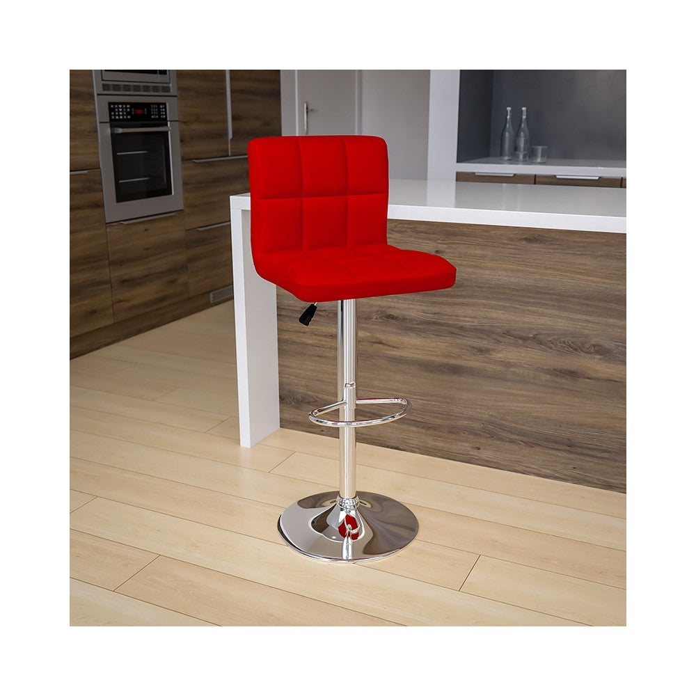 Contemporary Red Quilted Vinyl Adjustable Height Barstool with Chrome Base