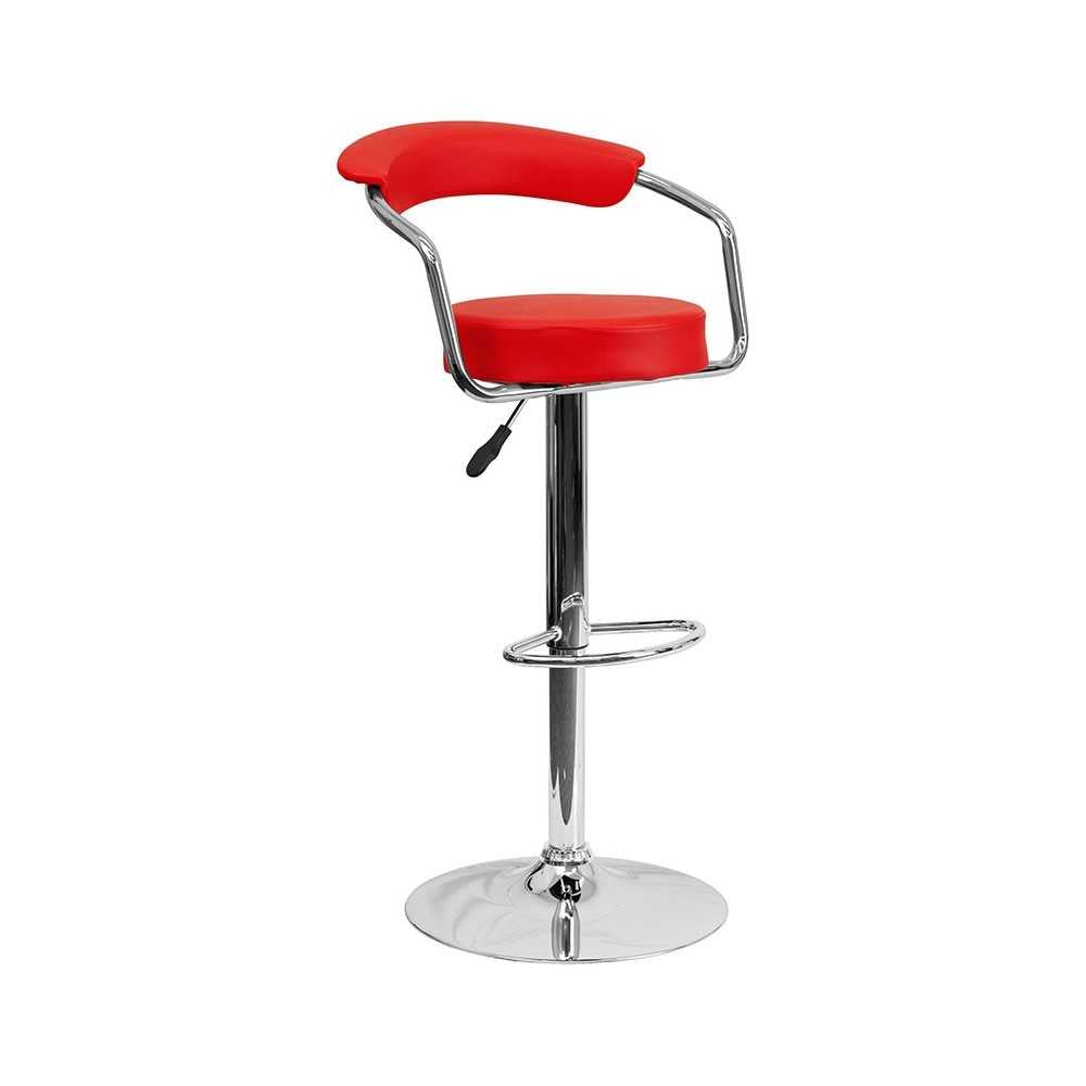 Contemporary Red Vinyl Adjustable Height Barstool with Arms and Chrome Base