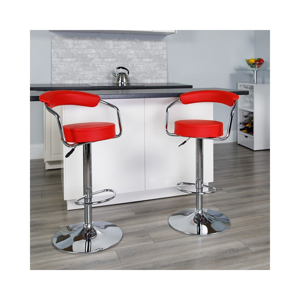 Contemporary Red Vinyl Adjustable Height Barstool with Arms and Chrome Base