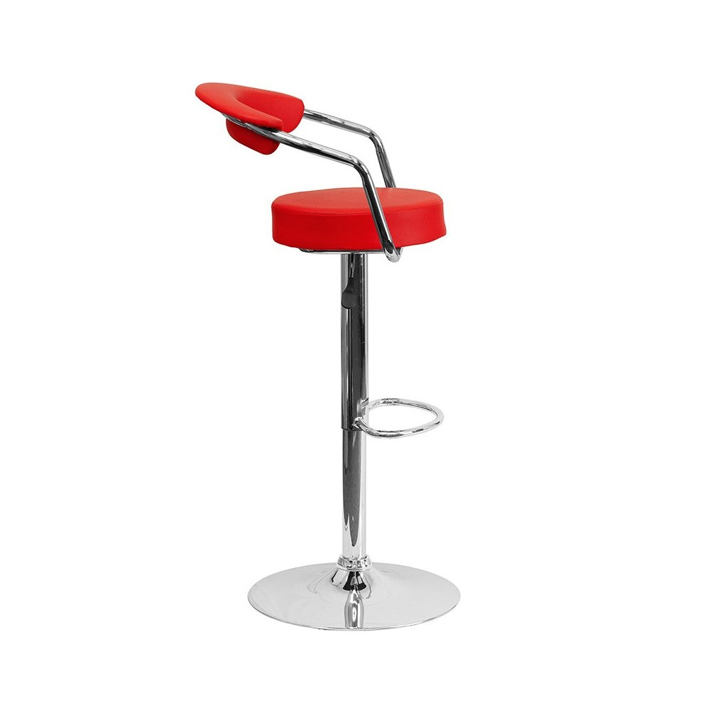 Contemporary Red Vinyl Adjustable Height Barstool with Arms and Chrome Base