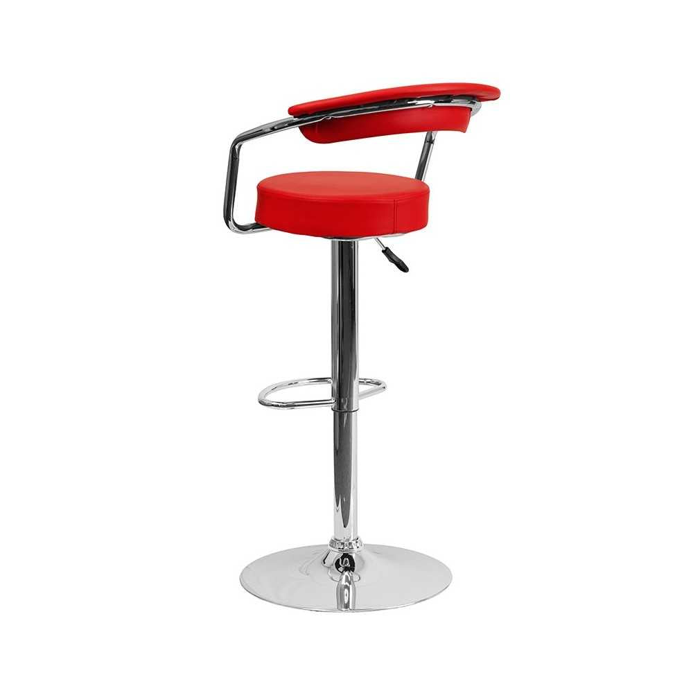 Contemporary Red Vinyl Adjustable Height Barstool with Arms and Chrome Base