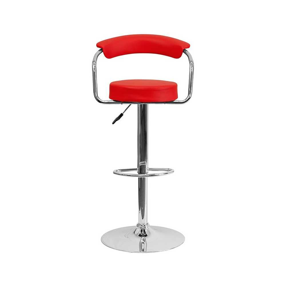 Contemporary Red Vinyl Adjustable Height Barstool with Arms and Chrome Base