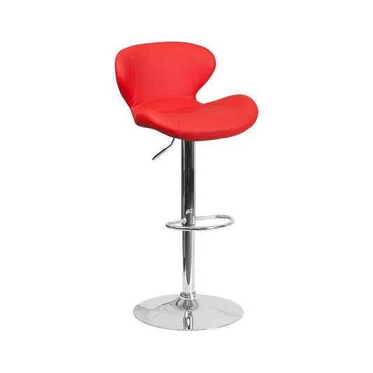 Contemporary Red Vinyl Adjustable Height Barstool with Curved Back and Chrome Base