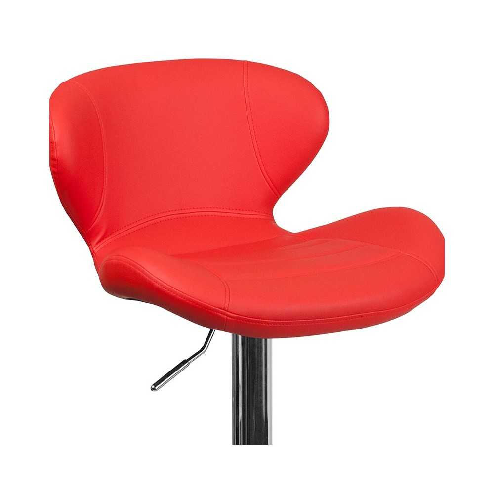 Contemporary Red Vinyl Adjustable Height Barstool with Curved Back and Chrome Base