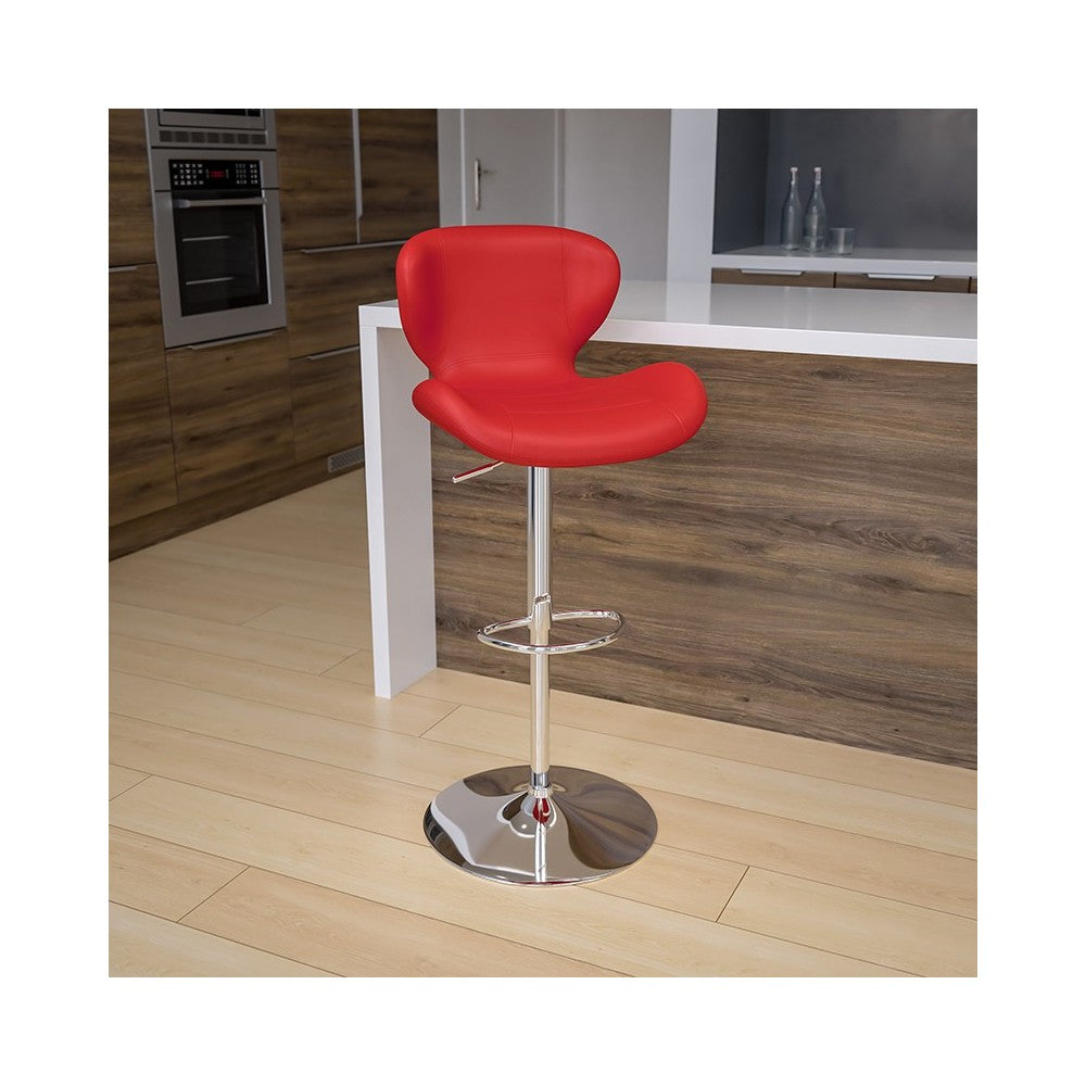 Contemporary Red Vinyl Adjustable Height Barstool with Curved Back and Chrome Base