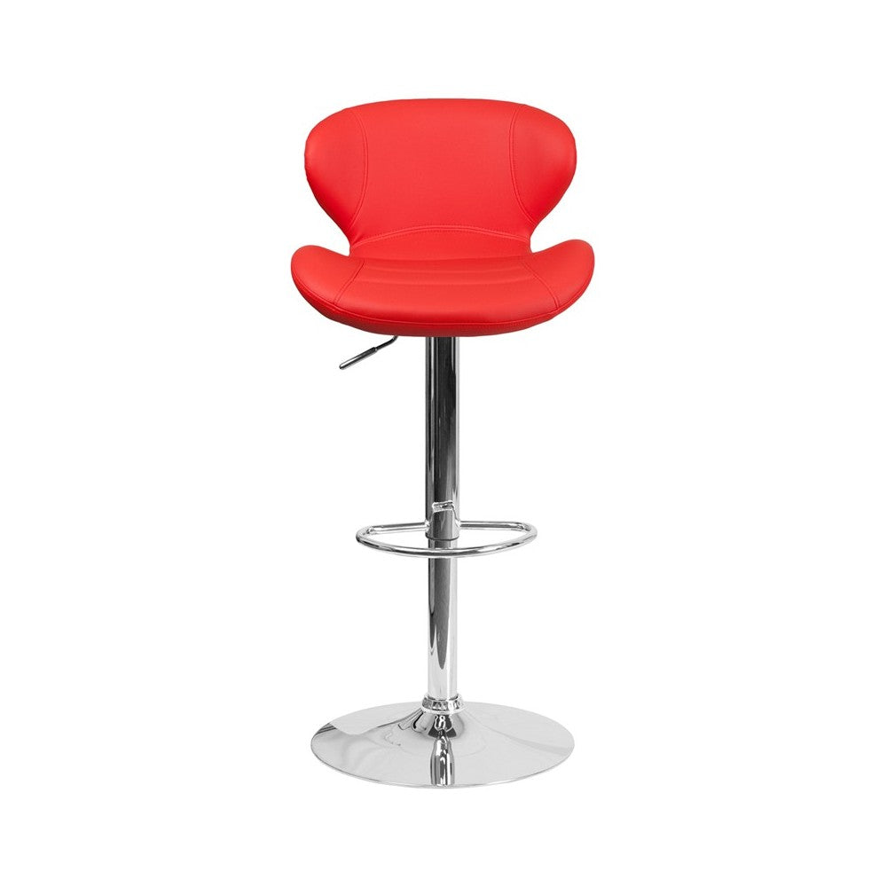 Contemporary Red Vinyl Adjustable Height Barstool with Curved Back and Chrome Base