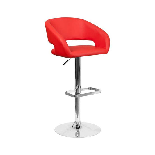 Contemporary Red Vinyl Adjustable Height Barstool with Rounded Mid-Back and Chrome Base