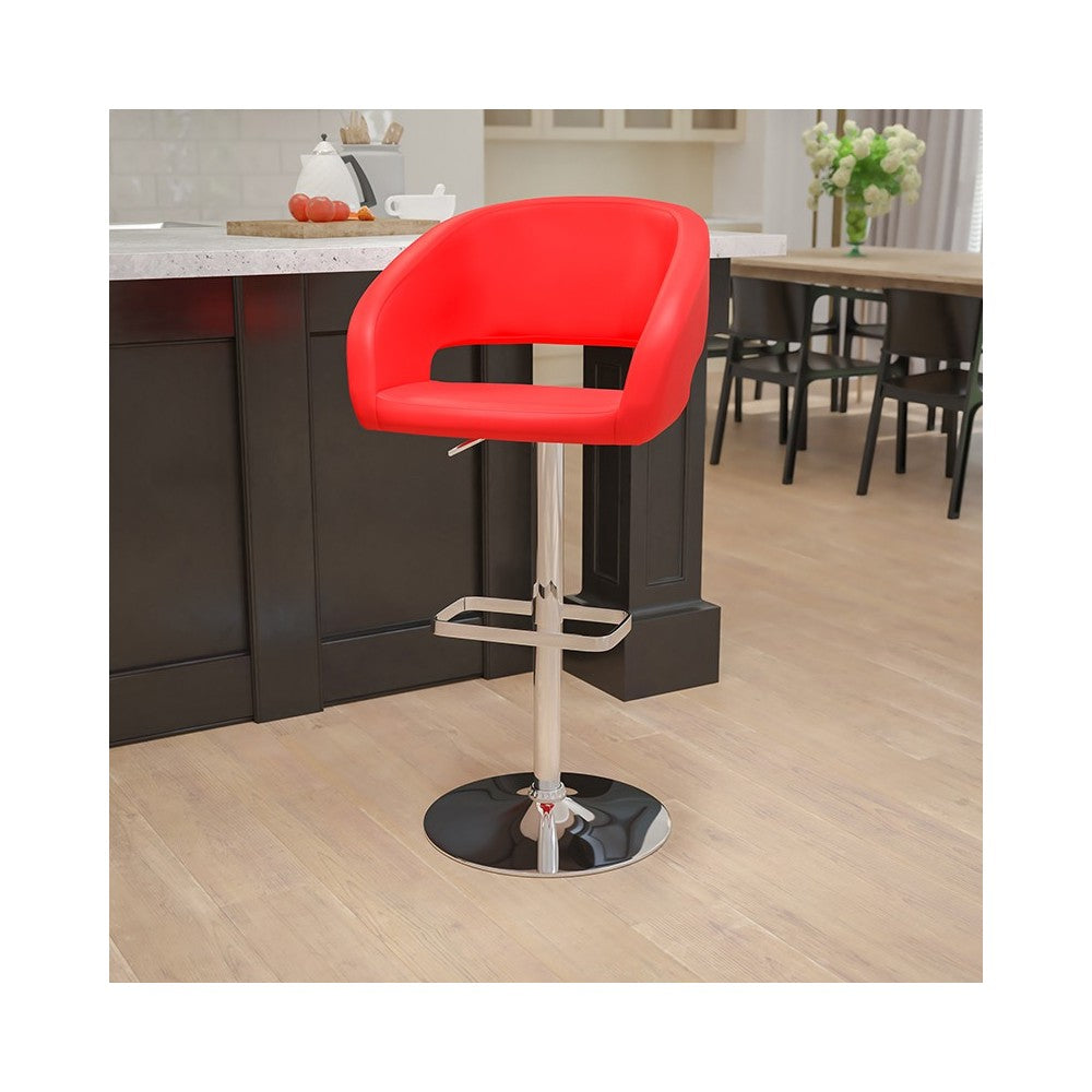 Contemporary Red Vinyl Adjustable Height Barstool with Rounded Mid-Back and Chrome Base