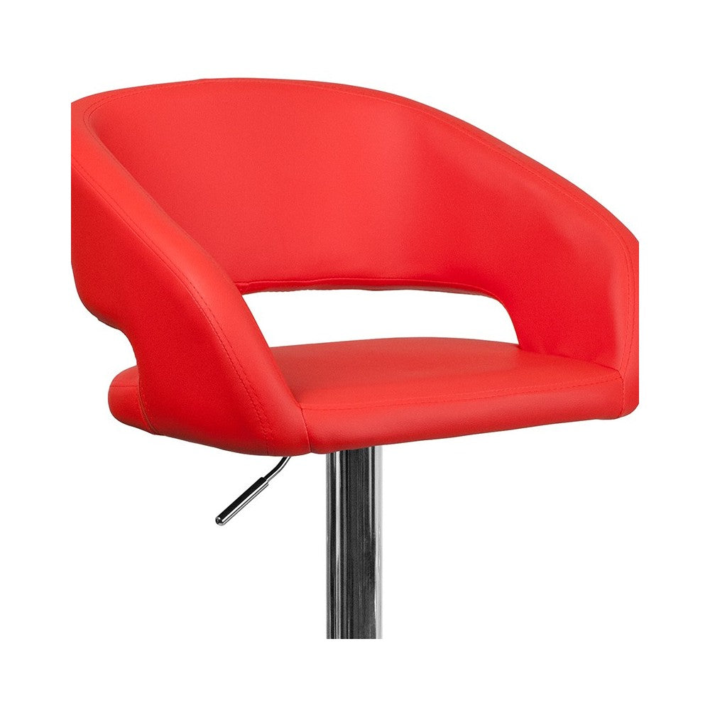 Contemporary Red Vinyl Adjustable Height Barstool with Rounded Mid-Back and Chrome Base