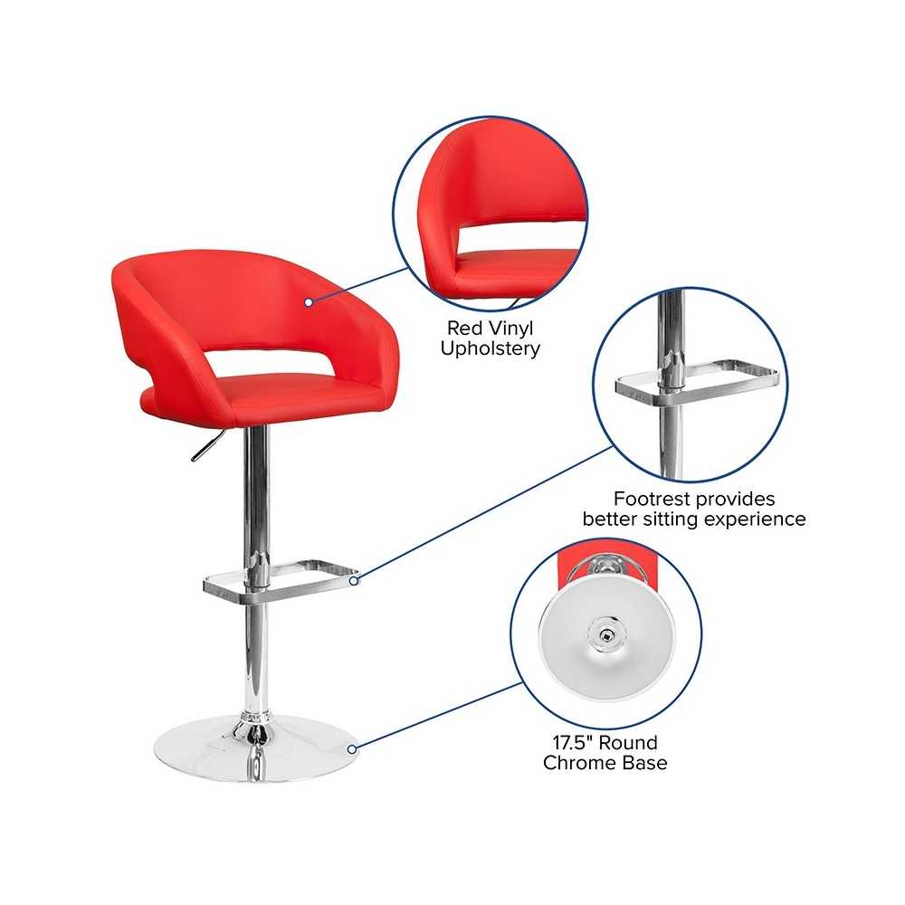 Contemporary Red Vinyl Adjustable Height Barstool with Rounded Mid-Back and Chrome Base