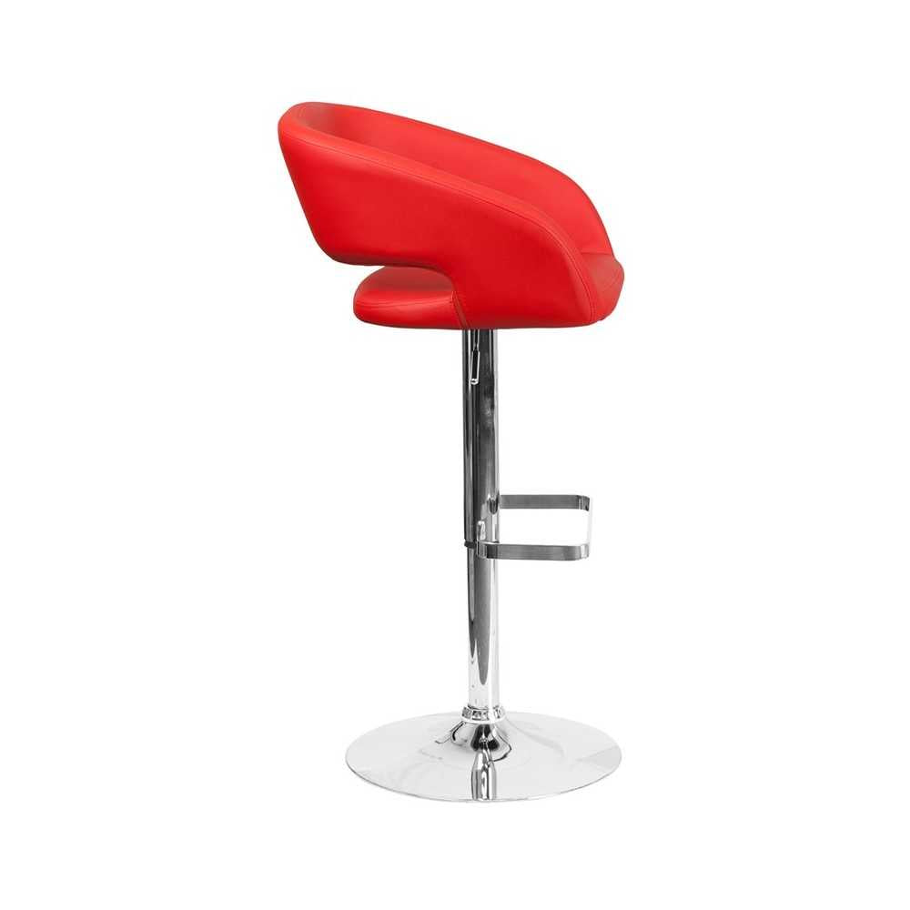 Contemporary Red Vinyl Adjustable Height Barstool with Rounded Mid-Back and Chrome Base