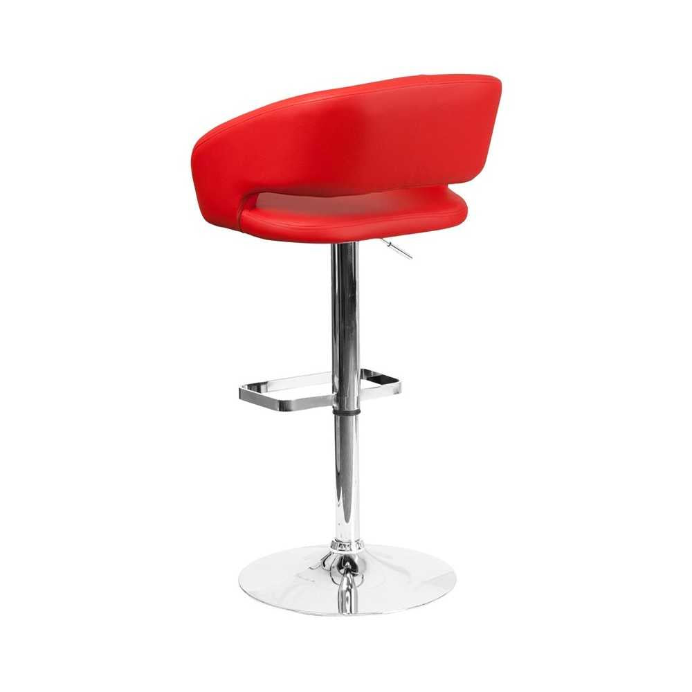 Contemporary Red Vinyl Adjustable Height Barstool with Rounded Mid-Back and Chrome Base