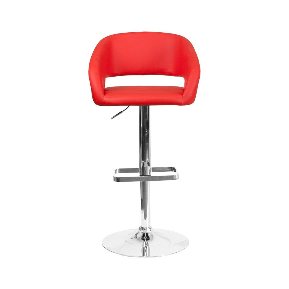 Contemporary Red Vinyl Adjustable Height Barstool with Rounded Mid-Back and Chrome Base