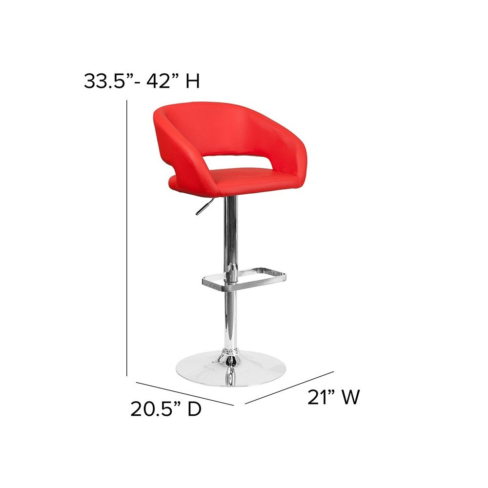 Contemporary Red Vinyl Adjustable Height Barstool with Rounded Mid-Back and Chrome Base