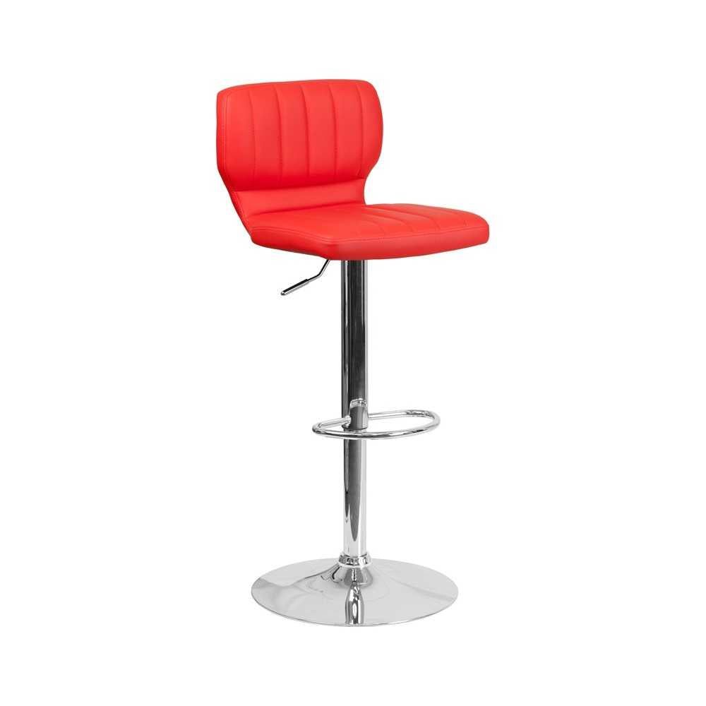 Contemporary Red Vinyl Adjustable Height Barstool with Vertical Stitch Back and Chrome Base