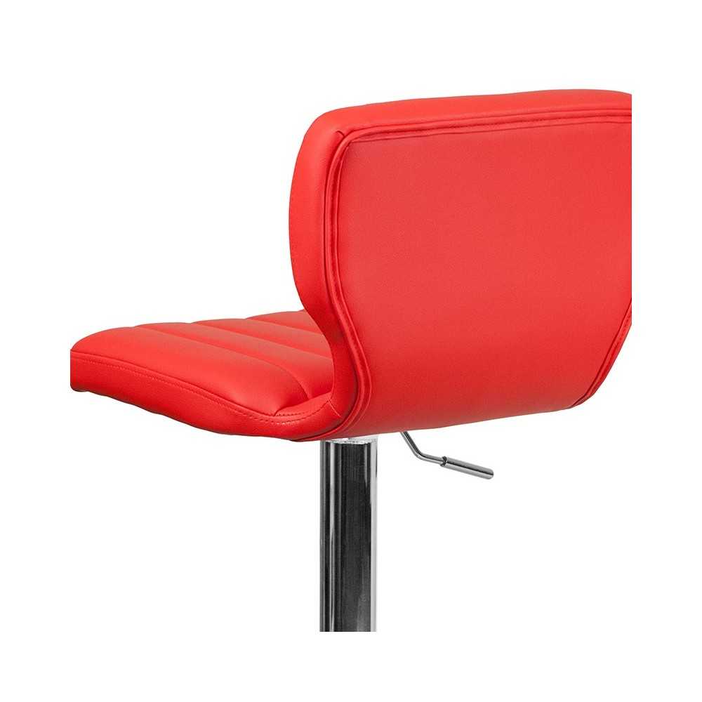 Contemporary Red Vinyl Adjustable Height Barstool with Vertical Stitch Back and Chrome Base