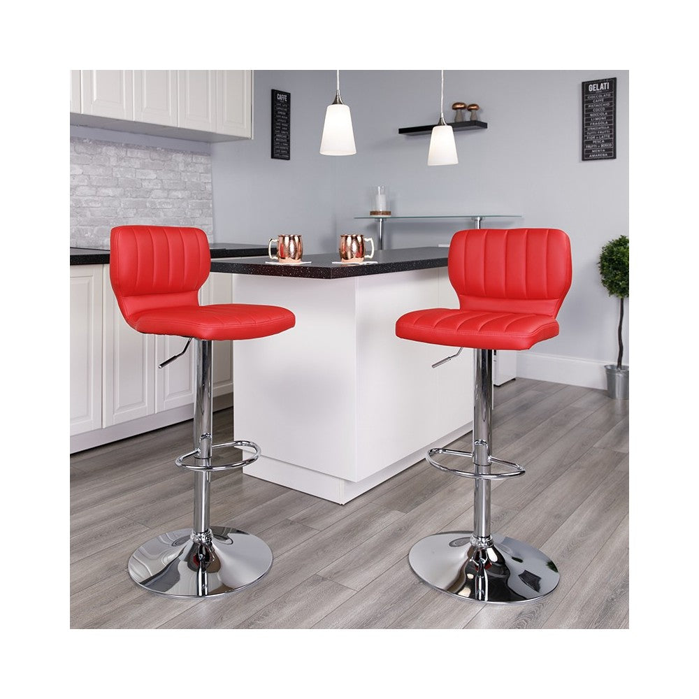 Contemporary Red Vinyl Adjustable Height Barstool with Vertical Stitch Back and Chrome Base