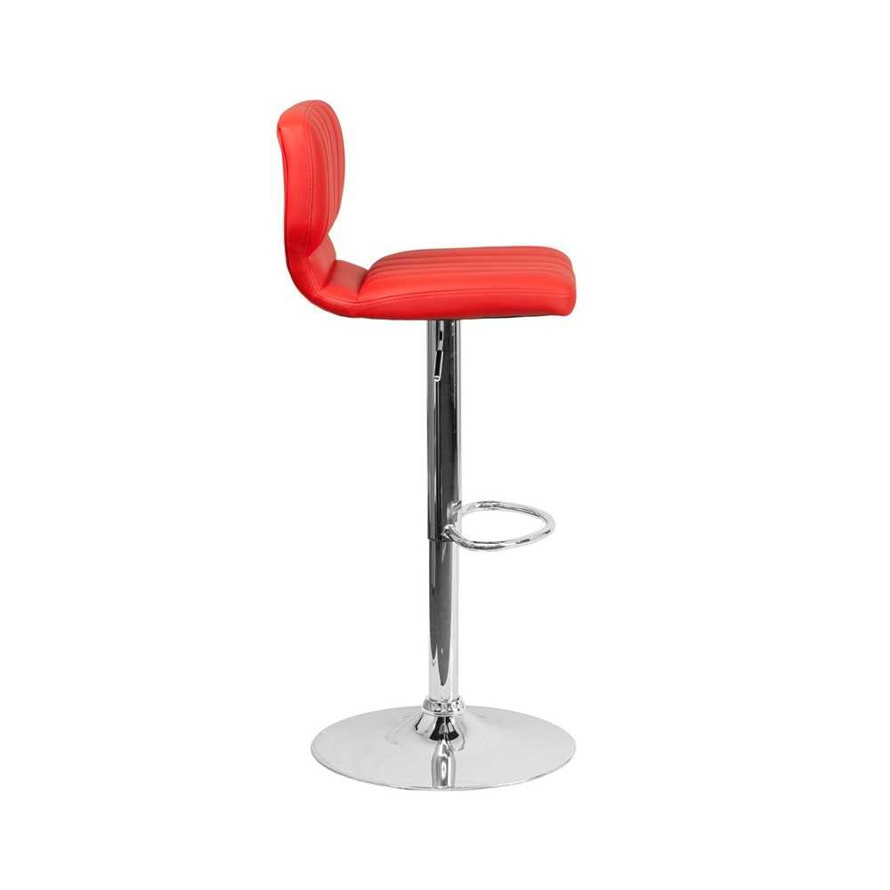 Contemporary Red Vinyl Adjustable Height Barstool with Vertical Stitch Back and Chrome Base