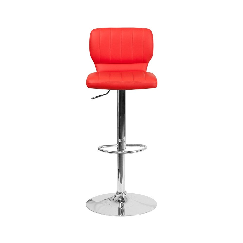 Contemporary Red Vinyl Adjustable Height Barstool with Vertical Stitch Back and Chrome Base