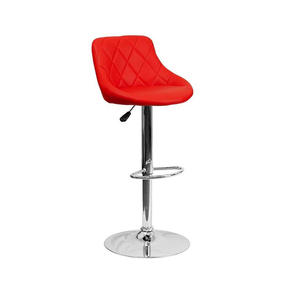 Contemporary Red Vinyl Bucket Seat Adjustable Height Barstool with Diamond Pattern Back and Chrome Base