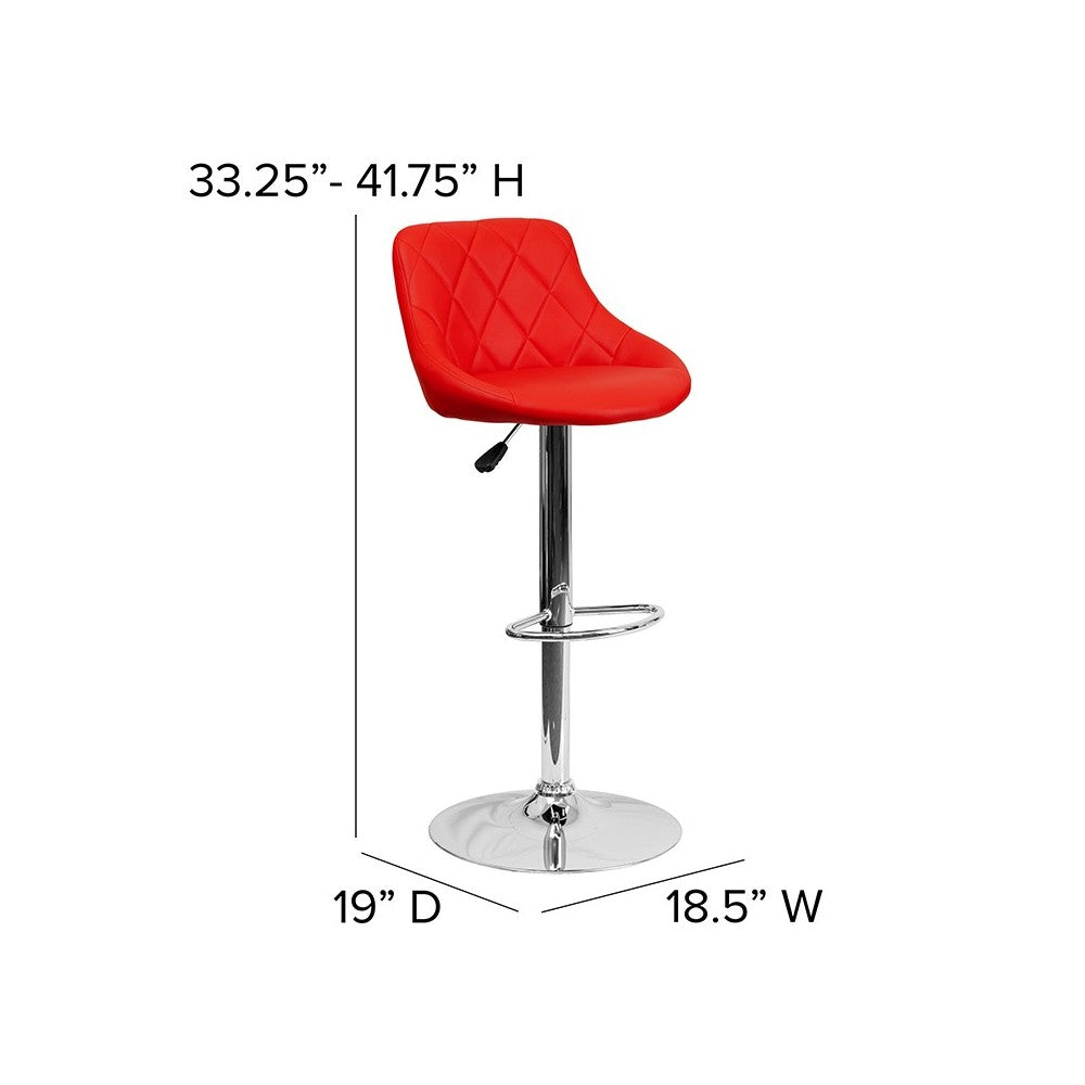 Contemporary Red Vinyl Bucket Seat Adjustable Height Barstool with Diamond Pattern Back and Chrome Base