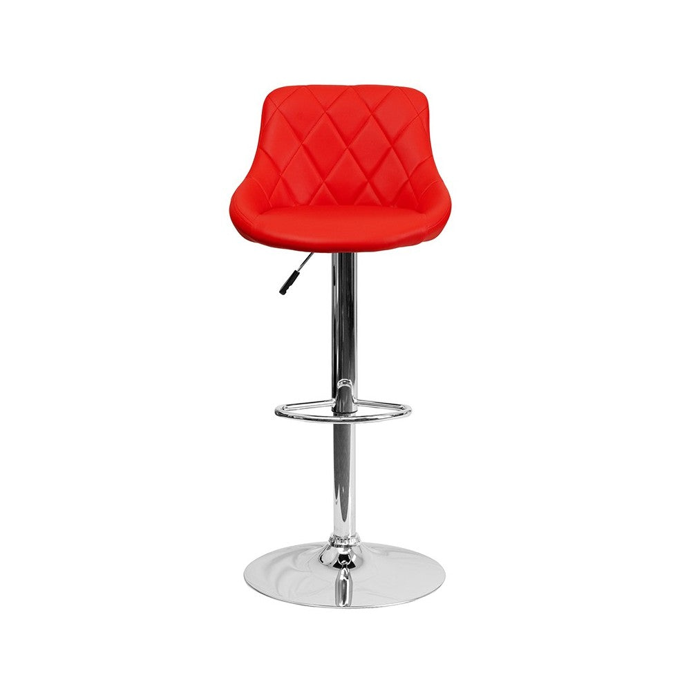 Contemporary Red Vinyl Bucket Seat Adjustable Height Barstool with Diamond Pattern Back and Chrome Base