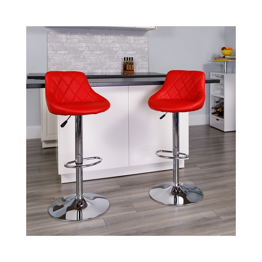 Contemporary Red Vinyl Bucket Seat Adjustable Height Barstool with Diamond Pattern Back and Chrome Base