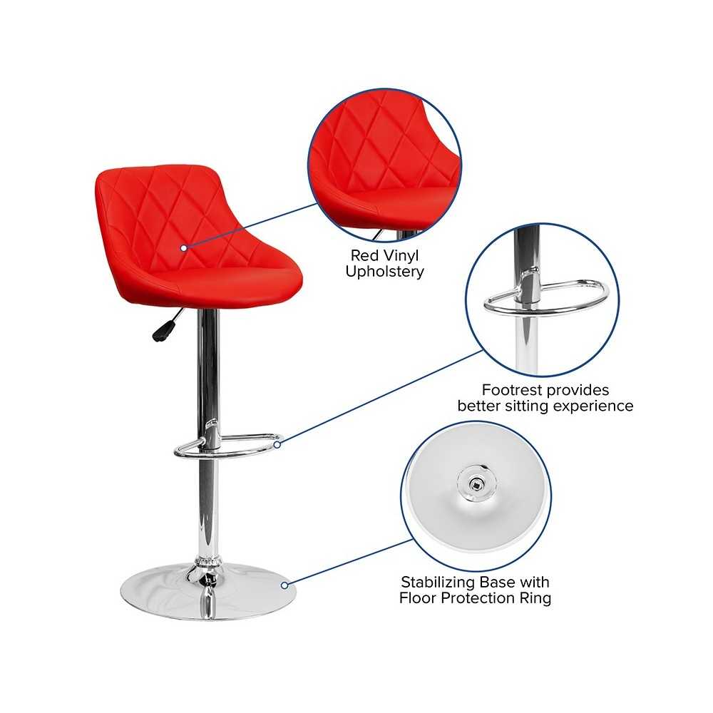 Contemporary Red Vinyl Bucket Seat Adjustable Height Barstool with Diamond Pattern Back and Chrome Base