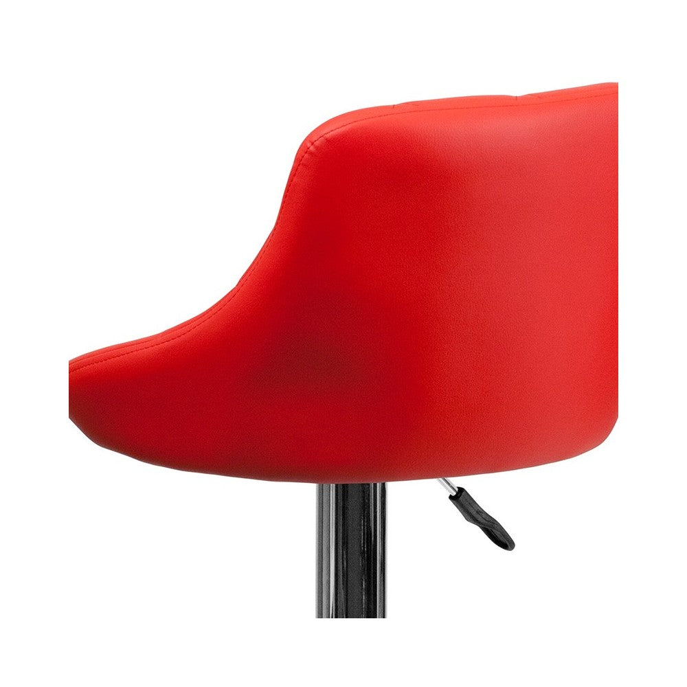 Contemporary Red Vinyl Bucket Seat Adjustable Height Barstool with Diamond Pattern Back and Chrome Base