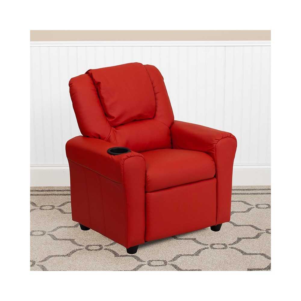 Contemporary Red Vinyl Kids Recliner with Cup Holder and Headrest