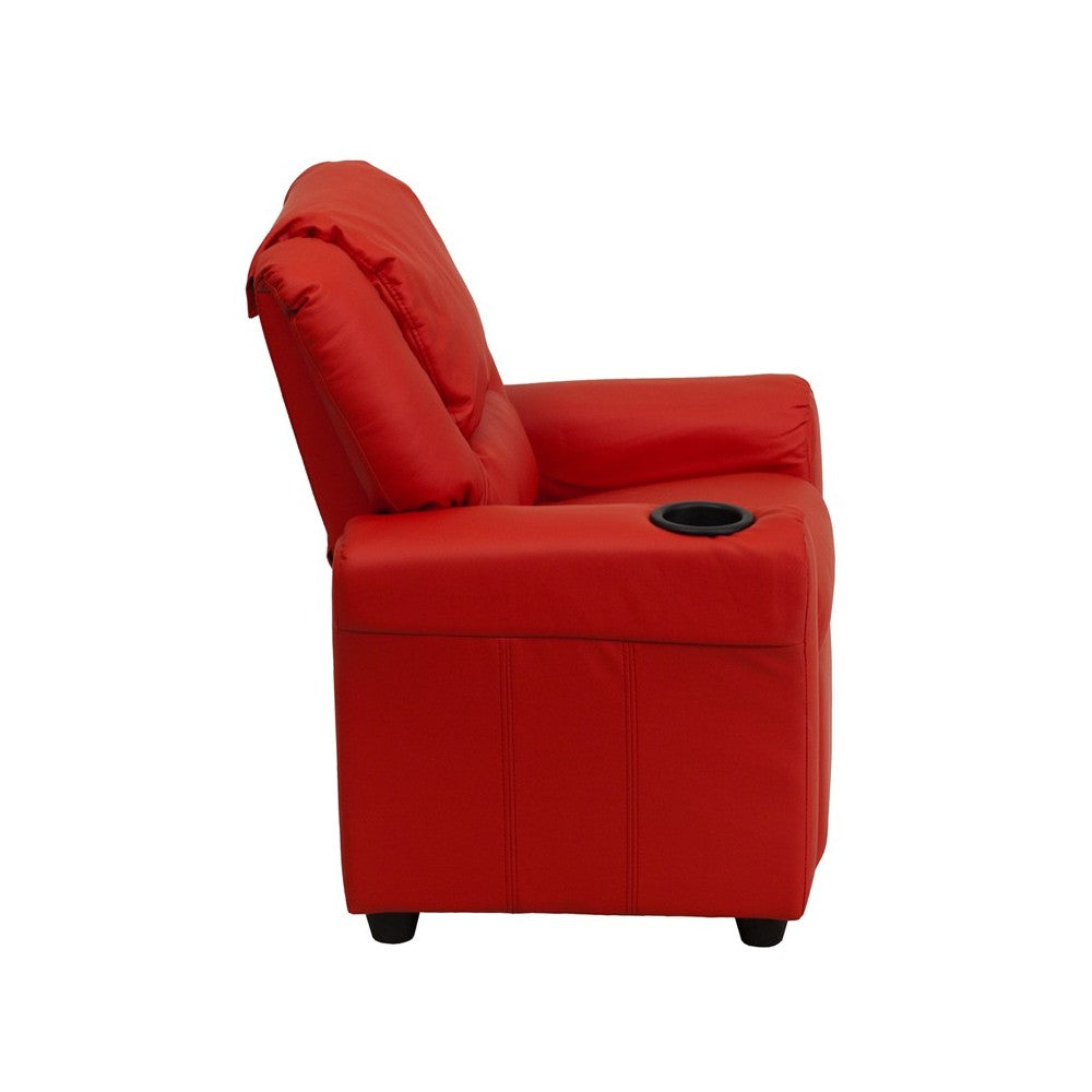 Contemporary Red Vinyl Kids Recliner with Cup Holder and Headrest