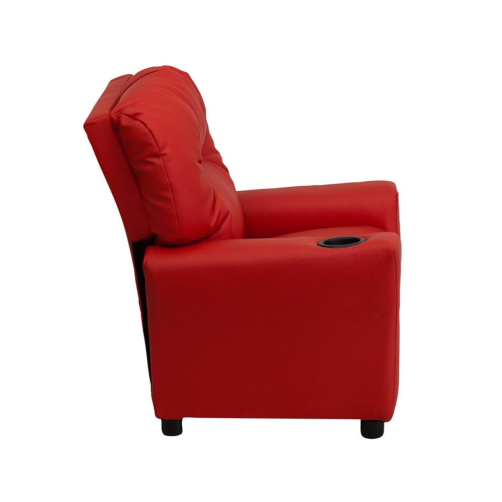 Contemporary Red Vinyl Kids Recliner with Cup Holder