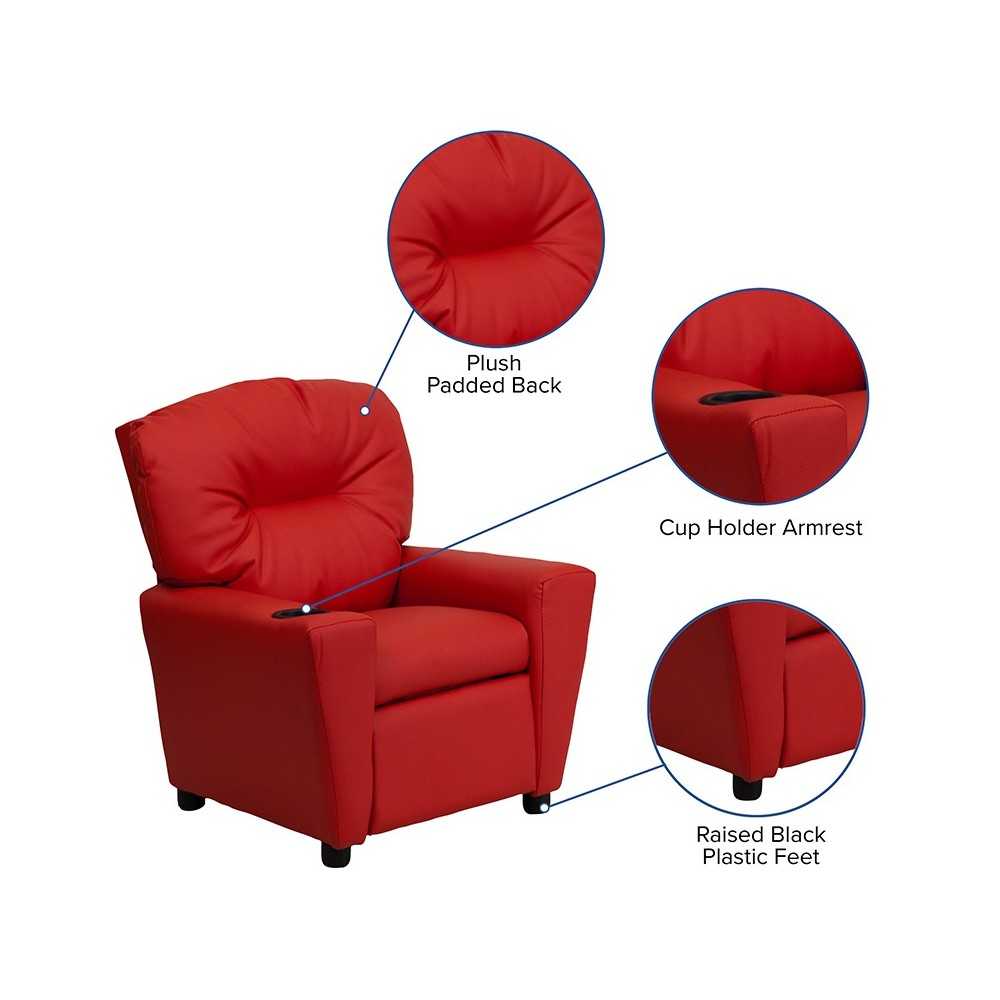 Contemporary Red Vinyl Kids Recliner with Cup Holder