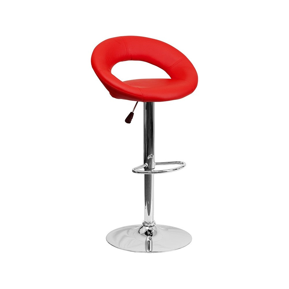 Contemporary Red Vinyl Rounded Orbit-Style Back Adjustable Height Barstool with Chrome Base