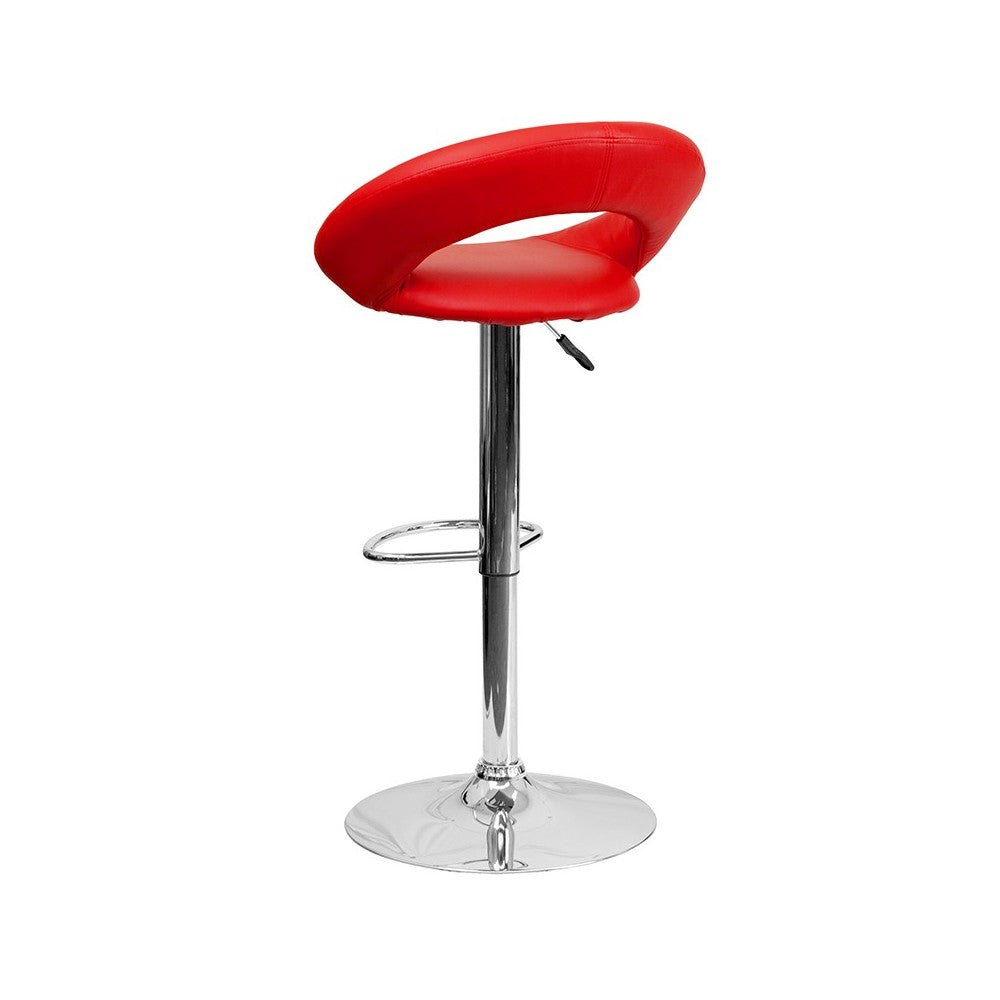 Contemporary Red Vinyl Rounded Orbit-Style Back Adjustable Height Barstool with Chrome Base