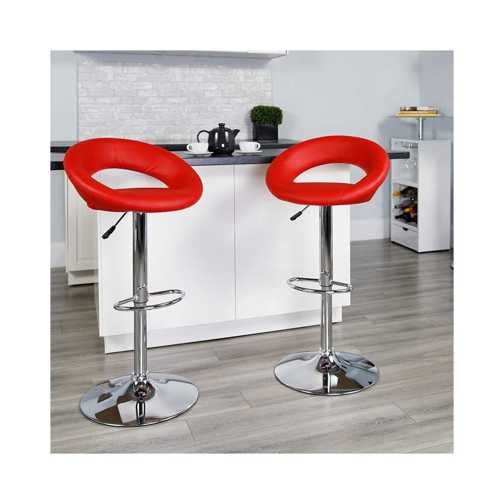 Contemporary Red Vinyl Rounded Orbit-Style Back Adjustable Height Barstool with Chrome Base