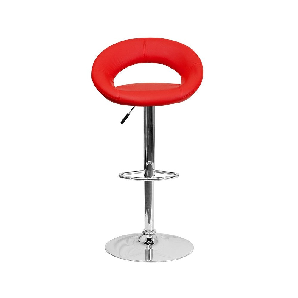 Contemporary Red Vinyl Rounded Orbit-Style Back Adjustable Height Barstool with Chrome Base