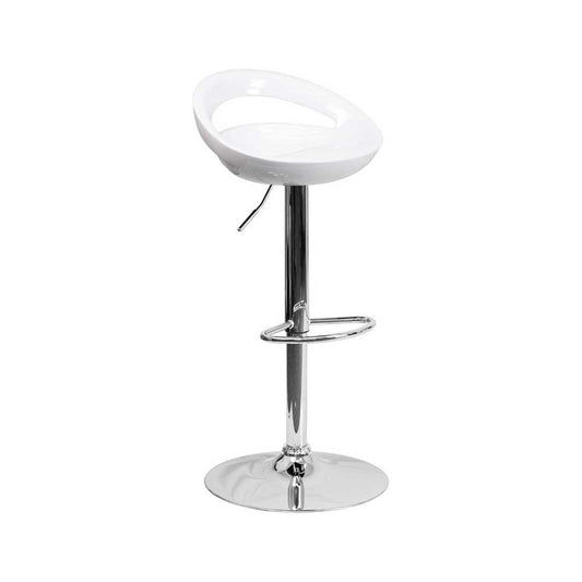 Contemporary White Plastic Adjustable Height Barstool with Rounded Cutout Back and Chrome Base